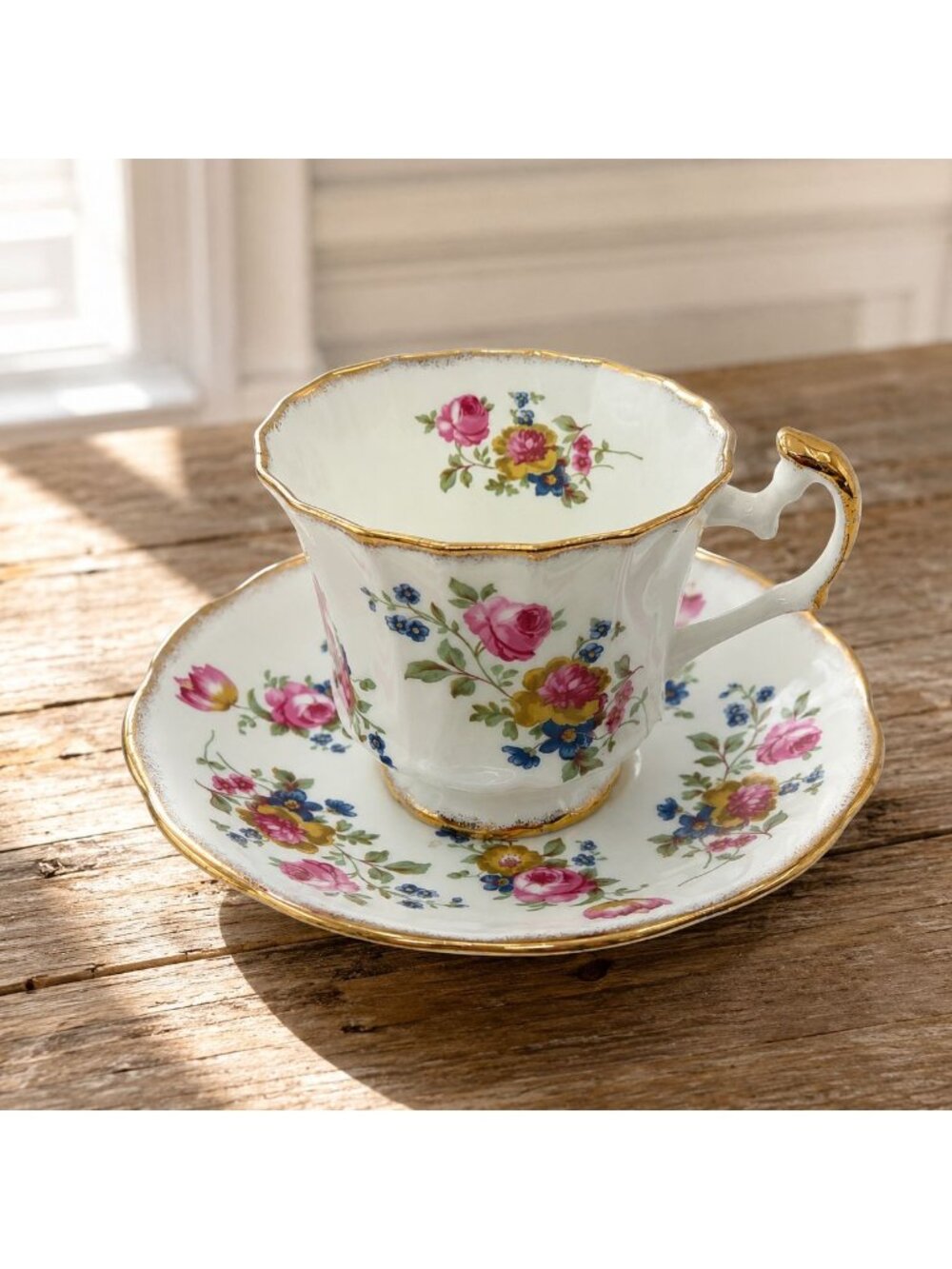 Vintage Elizabethan Tea Cup Set Gold Trim Pink Flowers England Vintage